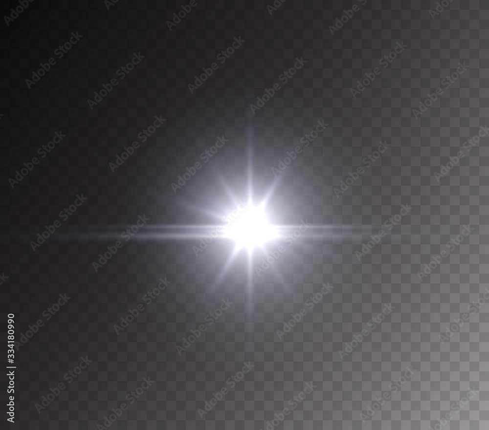 Camera flash light effect isolated on transparent background. White flashlignt, flare, projector rays or spotlight. Vector glow car headlight template..