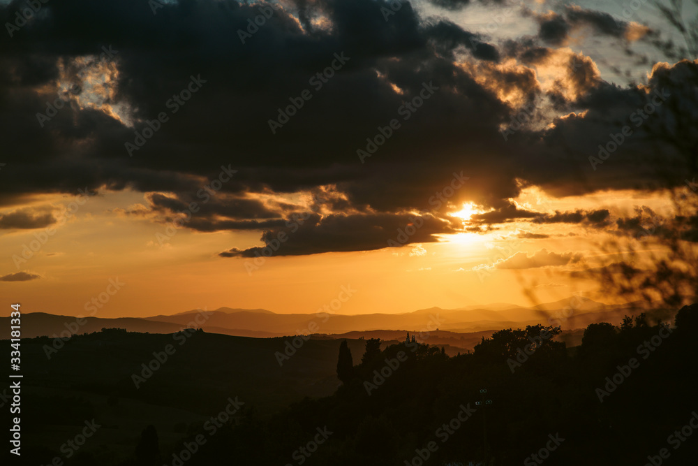 Landscape in Tuscany at sunset in summer - Tuscany, Italy, Europe