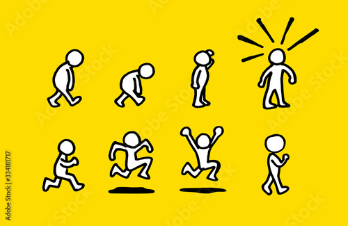 Set of hand drawn human figures walking, tired, happy, on a yellow background. Cartoon sketch style vector illustration.
