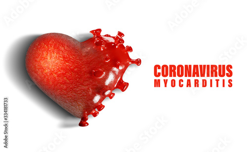 3D render – Concept of healthy and damaged heart by disease called myocarditis or inflammation of the heart muscle caused by Corona virus – Covid-19. Copy space for text, white isolated background.  photo