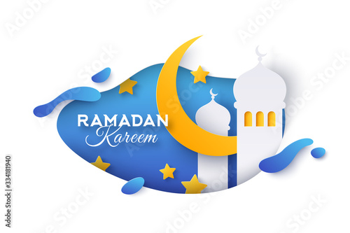 Ramadan Kareem concept banner with mosque, stars and crescent in blue abstract frame. Paper cut 3d style. Vector illustration.