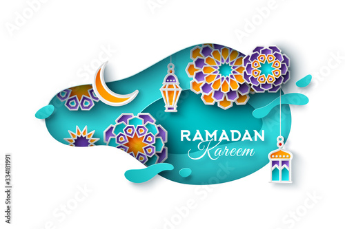 Ramadan Kareem concept banner with islamic geometric patterns, blue abstract frame. Paper cut 3d flowers, traditional lanterns, moon and stars. Vector illustration.
