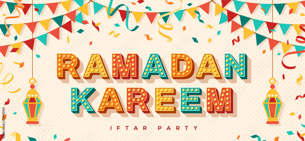 Ramadan Kareem concept banner with traditional lanterns, flag garlands and confetti on light background. Vector illustration. Iftar party flyer or invitation.
