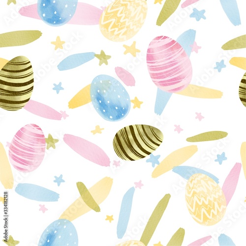 Hand drawn colorful watercolor seamless pattern. Easter theme objects. Happy easter. © Emma Mars