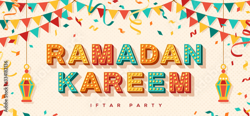 Ramadan Kareem concept banner with traditional lanterns, flag garlands and confetti on light background. Vector illustration. Iftar party flyer or invitation.