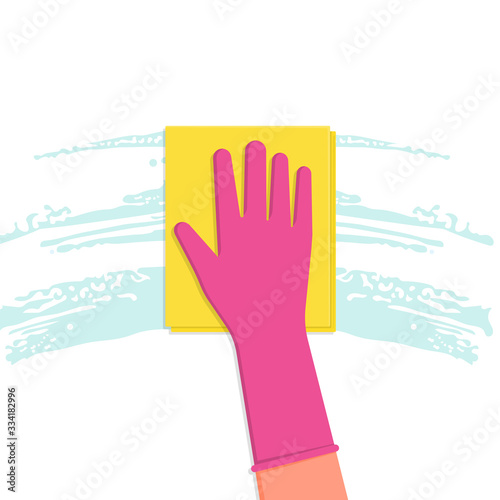a napkin impregnated with an antiseptic in the hands. Wipe and disinfect the surface. A hand in a latex glove holds a cloth.