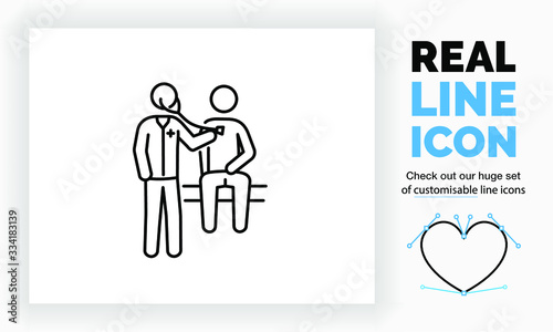Editable real line icon of a stick figure patient sitting and a doctor in full body length view examining his breading and lungs with a stethoscope in modern black lines on a clean white background