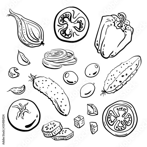 Tomatoes, cucumbers, olives,garlic, onion, pepper. Salad ingredients, chopped, sliced. Black line sketch of vegetables isolated on white background. Doodle hand drawn vegetables. Vector illustration