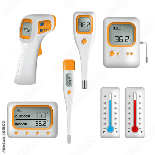 Isometric Medical Digital Non-Contact Infrared Thermometer. It measures the ambient and body temperature without contact with colored warning symbols.