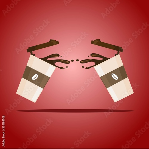 Two cups of Coffee vector simply flat illustration, coffee splash from paper cup with coffee seed logo isolated, red background