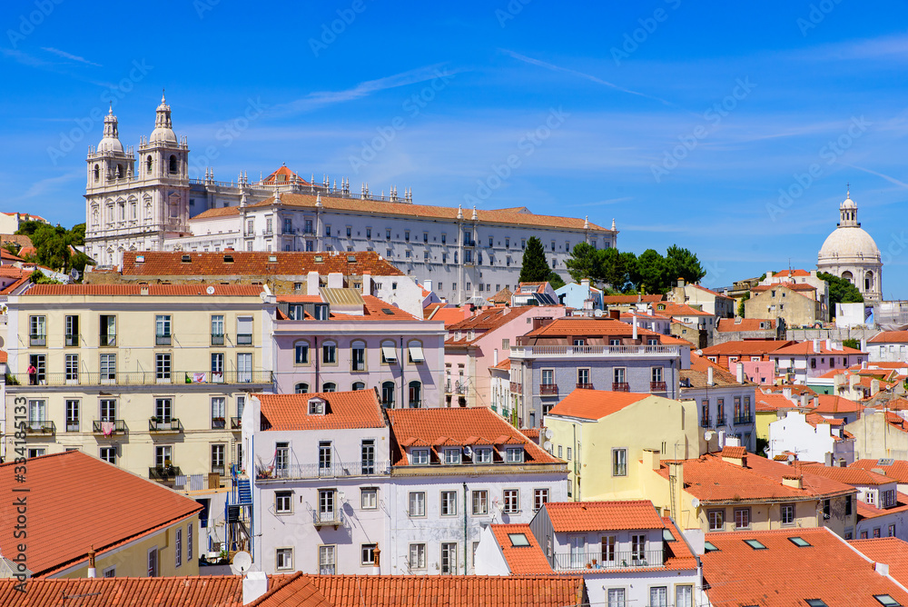 View of the city & Tagus River from Miradouro de Santa Luzia, an observation deck in Lisbon, Portugal