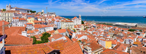 Panorama of the city & Tagus River from Miradouro de Santa Luzia, an observation deck in Lisbon, Portugal