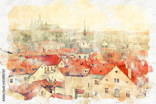 Photography watercolor style and abstract illustration of Prague old houses tile roofs, castle and cathedral