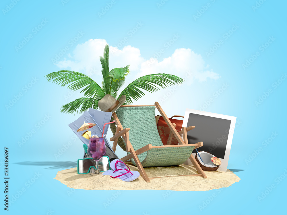 Concept of travel and tourism lounger in the sand with attributes for tourism on the sand 3D illustration on blue gradient