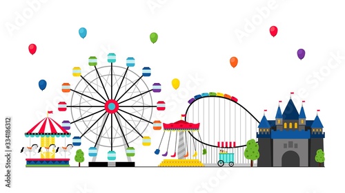 Amusement park. Recreation and entertainment, tents, castle. Balloons in sky, swing vector banner