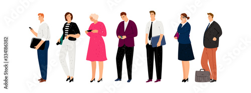 Business characters. Isolated man woman with smartphones and documents. Businesspeople waiting line vector illustration