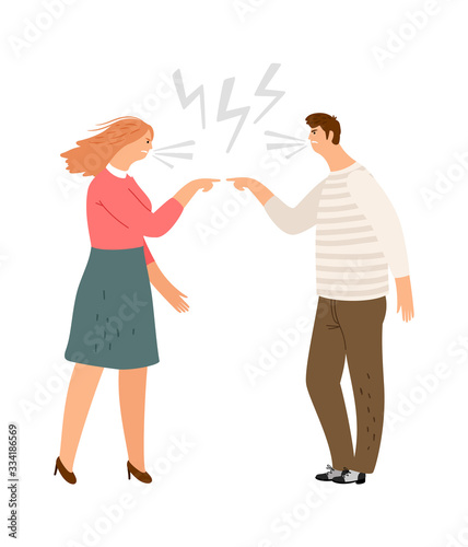 Family conflict. Man woman screaming, angry people. Divorce, home violence or unhappy couple vector illustration