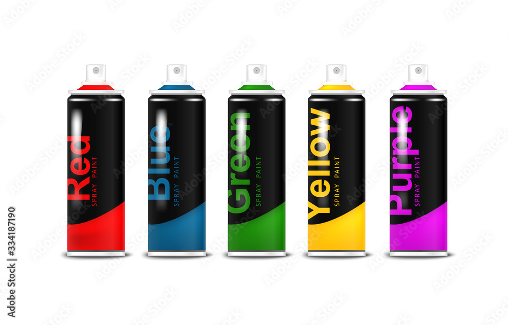 colored black aerosol spray paints of red, green, blue, yellow, purple color. Illustration on a white background colored black aerosol spray paints of red, green, blue, yellow, purple color. Illustration on a white background