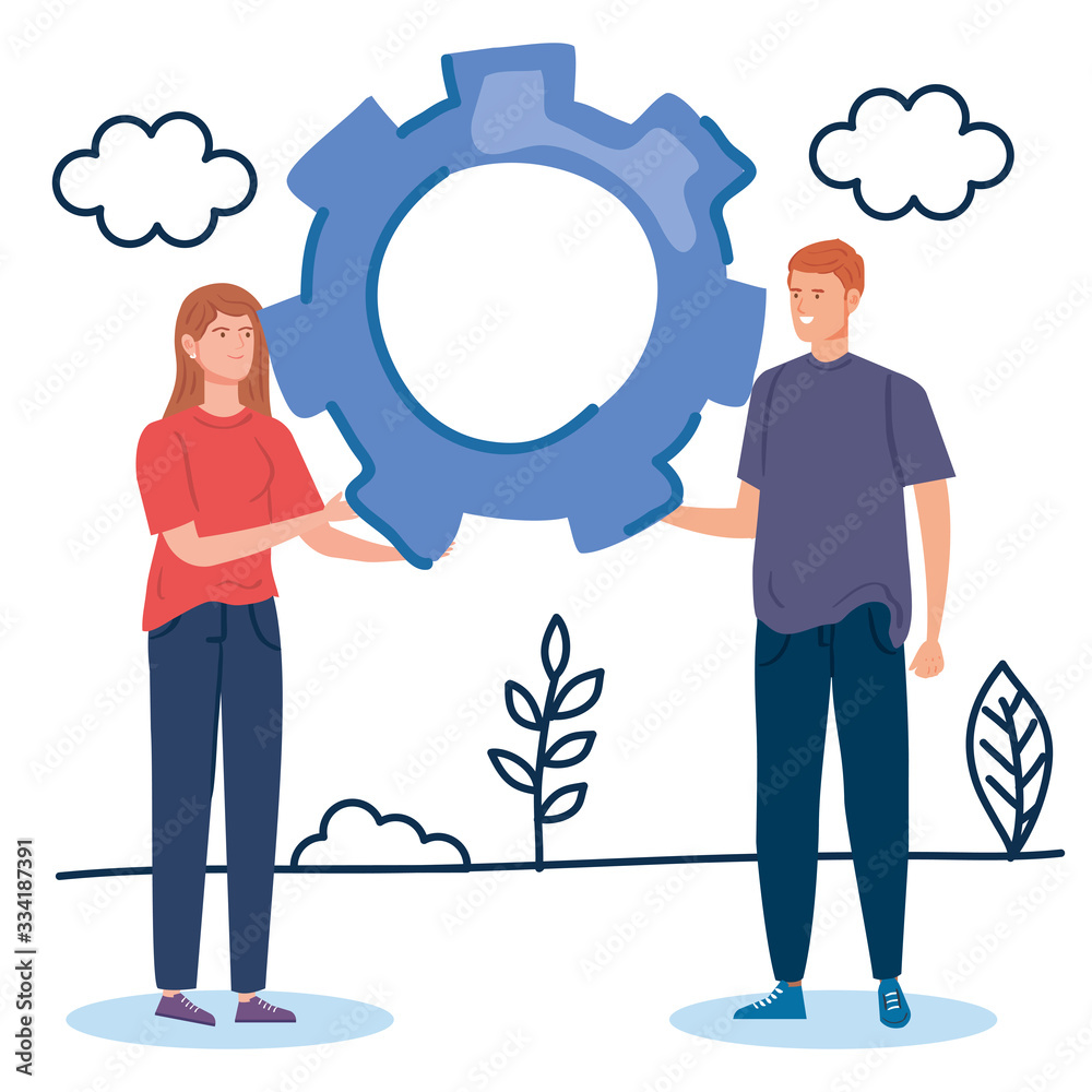 couple creative with gear in landscape vector illustration design couple creative with gear in landscape vector illustration design