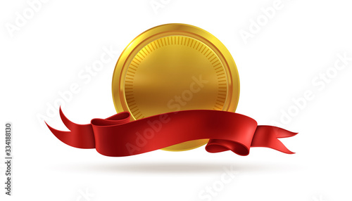Golden medal. Sticker gold metal badge as blank coin vector symbol of success achievement and first award
