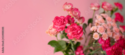 Red and pink flowers on a pink background. The photo is suitable for sending greetings. © Anastasiia