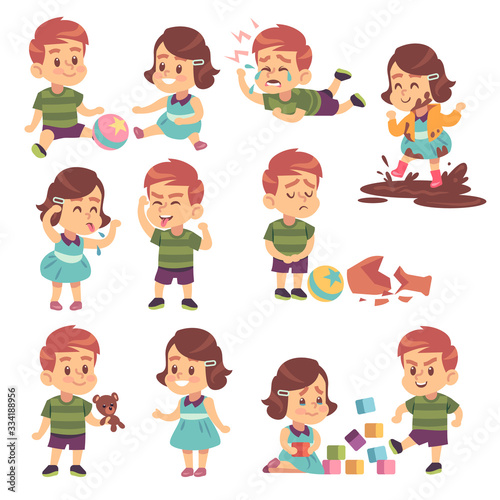 Good and bad kids. Playing peacefully and fighting  naughty and obedient children  conflict and funny boys and girls cartoon vector characters