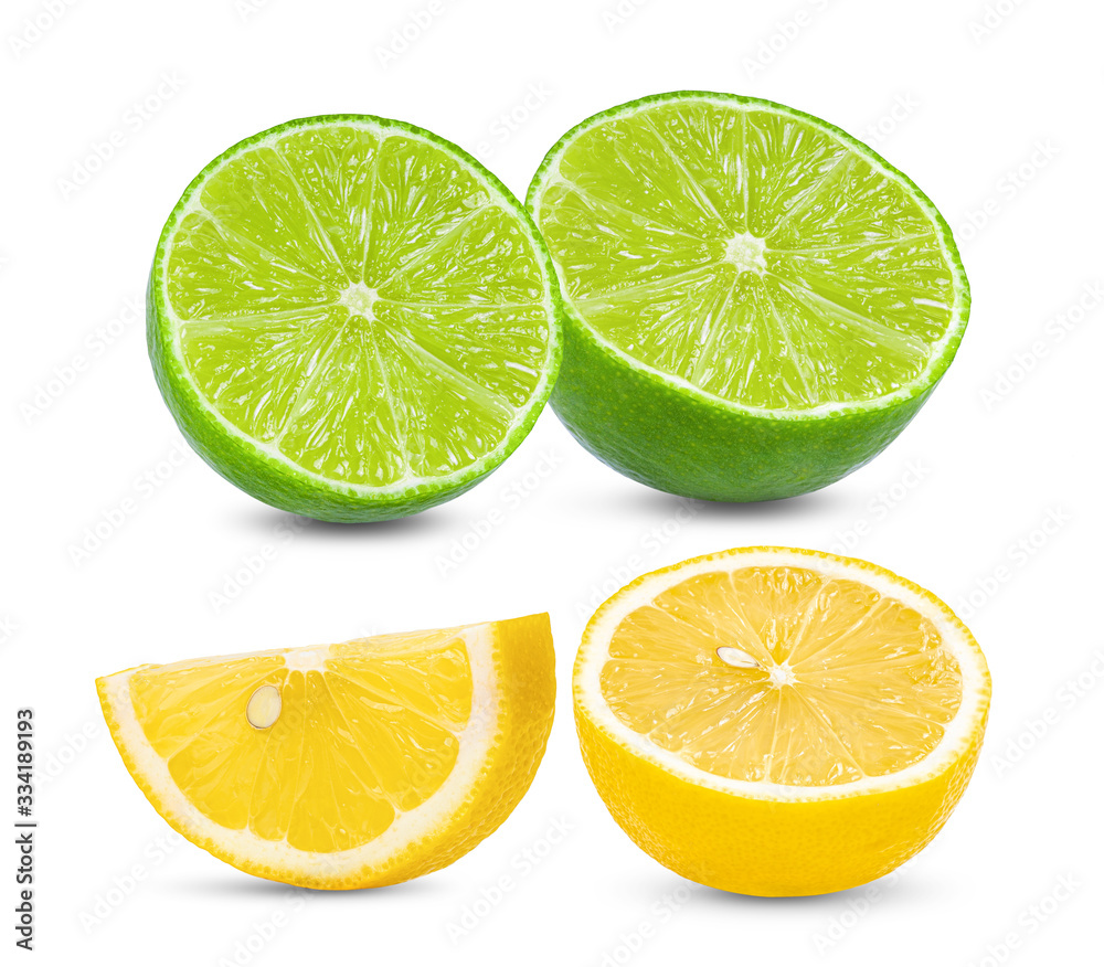 sliced lemon and lime isolated on white background. full depth of field