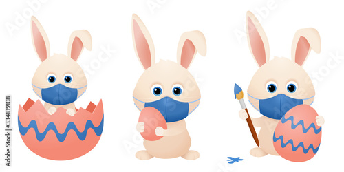 Cute easter bunny with face mask, coronavirus quarantine easter isolated vector.