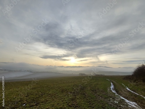 Sunrise or sunset over the hills and meadow. Slovakia 