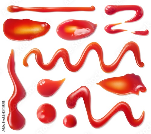 Ketchup stains. Tomato sauce red spots and smears, drops for paste and catsup blobs. Vegetable seasoning sour food realistic 3d vector set