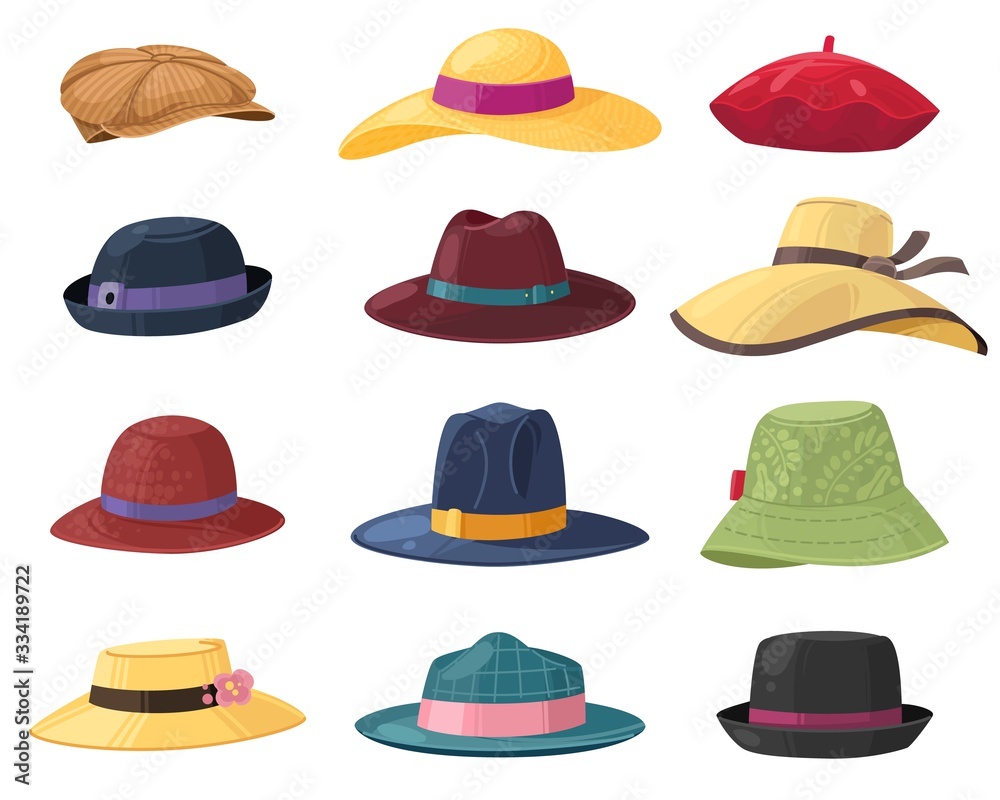 Hats and headgears. Stylish summer male and female headwear, vintage classic and modern hats, clothes accessory colorful cartoon vector set Hats and headgears. Stylish summer male and female headwear, vintage classic and modern hats, clothes accessory colorful cartoon vector set