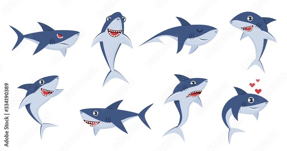 Cartoon sharks. Comic shark animals, cute character emotions, scary jaws and underwater ocean fish cheerful mascot for kids vector set Cartoon sharks. Comic shark animals, cute character emotions, scary jaws and underwater ocean fish cheerful mascot for kids vector set