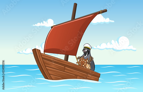Cartoon quail steering a small wooden sail boat at the sea. Bird holding steering wheel of a ship.