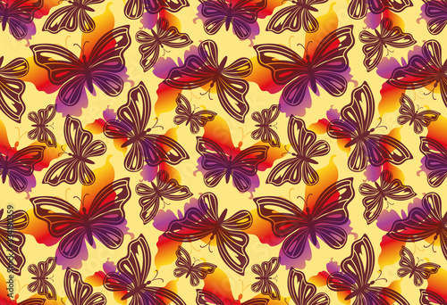Fototapeta Naklejka Na Ścianę i Meble -  Seamless Pattern, Exotic Butterflies Colorful Silhouettes and Contours, Tile Background. Vector