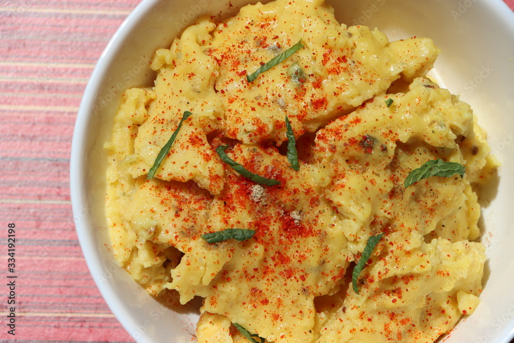 Jhunka or Zunka or pithale, a chickpea flour porridge, a vegetarian traditional Indian dish prepared in Maharashtra, Goa and Karnataka part of India