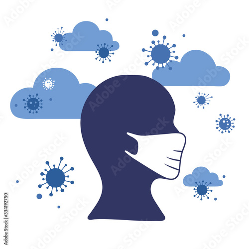 Concept of coronavirus quarantine and mask protection. Covid infection in the air, airborne transmission, male wearing white medical face mask.