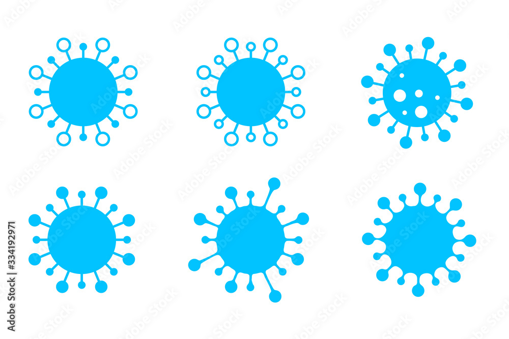 Collection of coronavirus shapes. Set of 2019-nCoV silhouettes, bacteria, microbe or cell on white background. COVID-19 different abstract decorative icons, cartoon style.