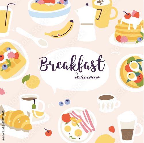 Vector illustration set of different breakfasts. Various tasty bakery products and hot drinks. Background with food icons and logos.