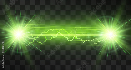 Laser beam light effect, burning explosion isolated on transparent background. Vector neon green lightning energy, glowing ray with lens flare. Hi tech shining design element for text ads, posters.
