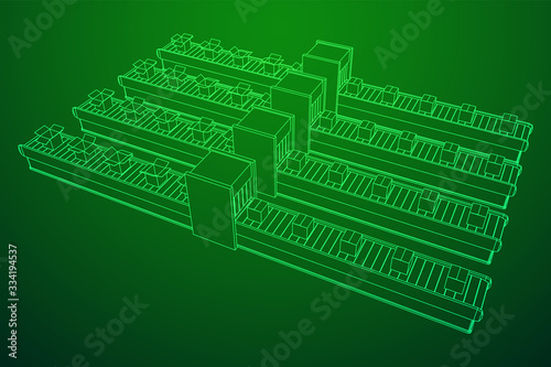Conveyor belt section with pack boxes. Factory production equipment. Wireframe low poly mesh vector illustration