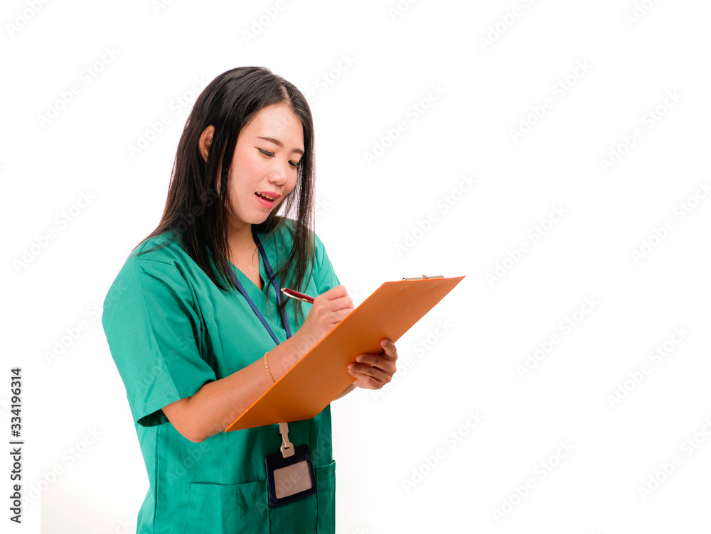 young beautiful happy and cheerful Asian Chinese medicine doctor or nurse woman in hospital gown celebrating successful treatment against coronavirus disease smiling young beautiful happy and cheerful Asian Chinese medicine doctor or nurse woman in hospital gown celebrating successful treatment against coronavirus disease smiling