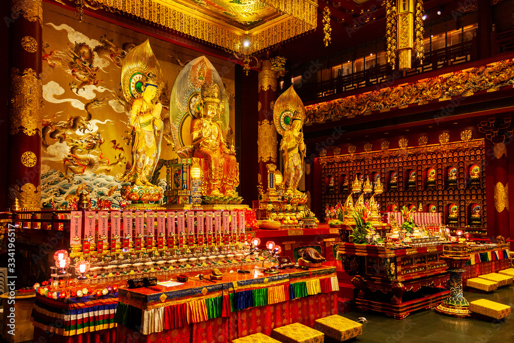 Altar inside the Buddha Tooth Relic Temple in Chinatown District, Singapore.