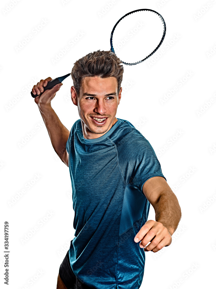 Badminton player young man isolated white background