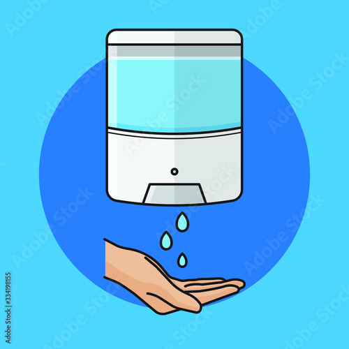 Hand wash. Hand sanitizer. Alcohol-based hand rub. Rubbing alcohol. Wall mounted soap dispenser. Wall hanging hand wash container. Protection from germs such as coronavirus (Covid-19) icon design