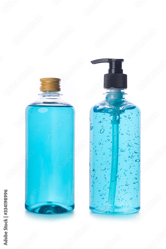 Alcohol gel Sanitizer hand gel cleaners and alcohol for anti Bacteria and virus on White Background, People using alcohol gel to wash hands to prevent COVID-19 virus