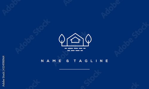 A line art icon logo of a minimal house logo with water and tree