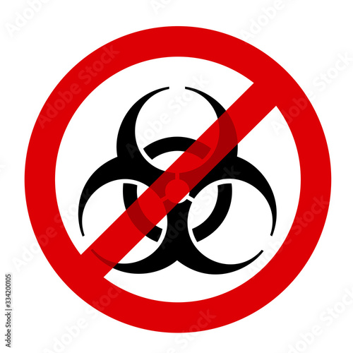 Symbol of biohazarad and biological hazard is crossed out - virus and bacteria is stopped and ceased by disinfection / prohibition to enter because of infectious infection and contagious contagion.
