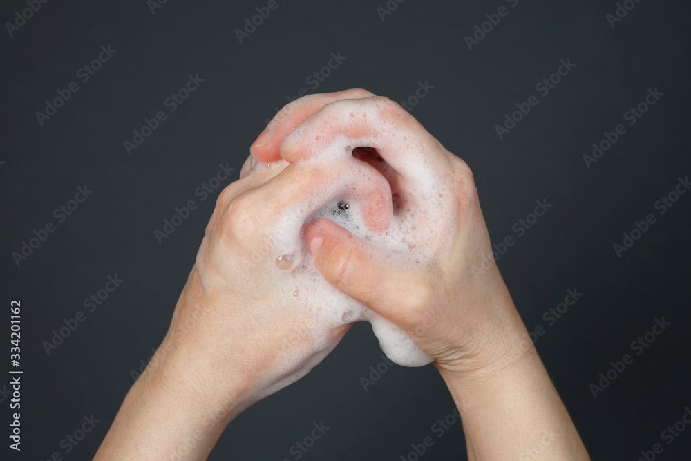 Fototapeta premium human hands wash with soap, virus disinfection