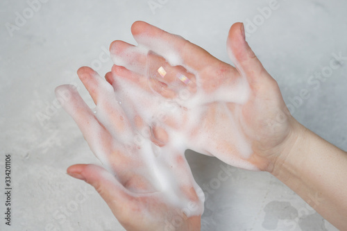 human hands wash with soap, virus disinfection
