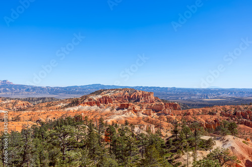 Panoramic view of amazing hoodoos sandstone formations in scenic Bryce Canyon National Parkon on a sunny day. Utah, USA